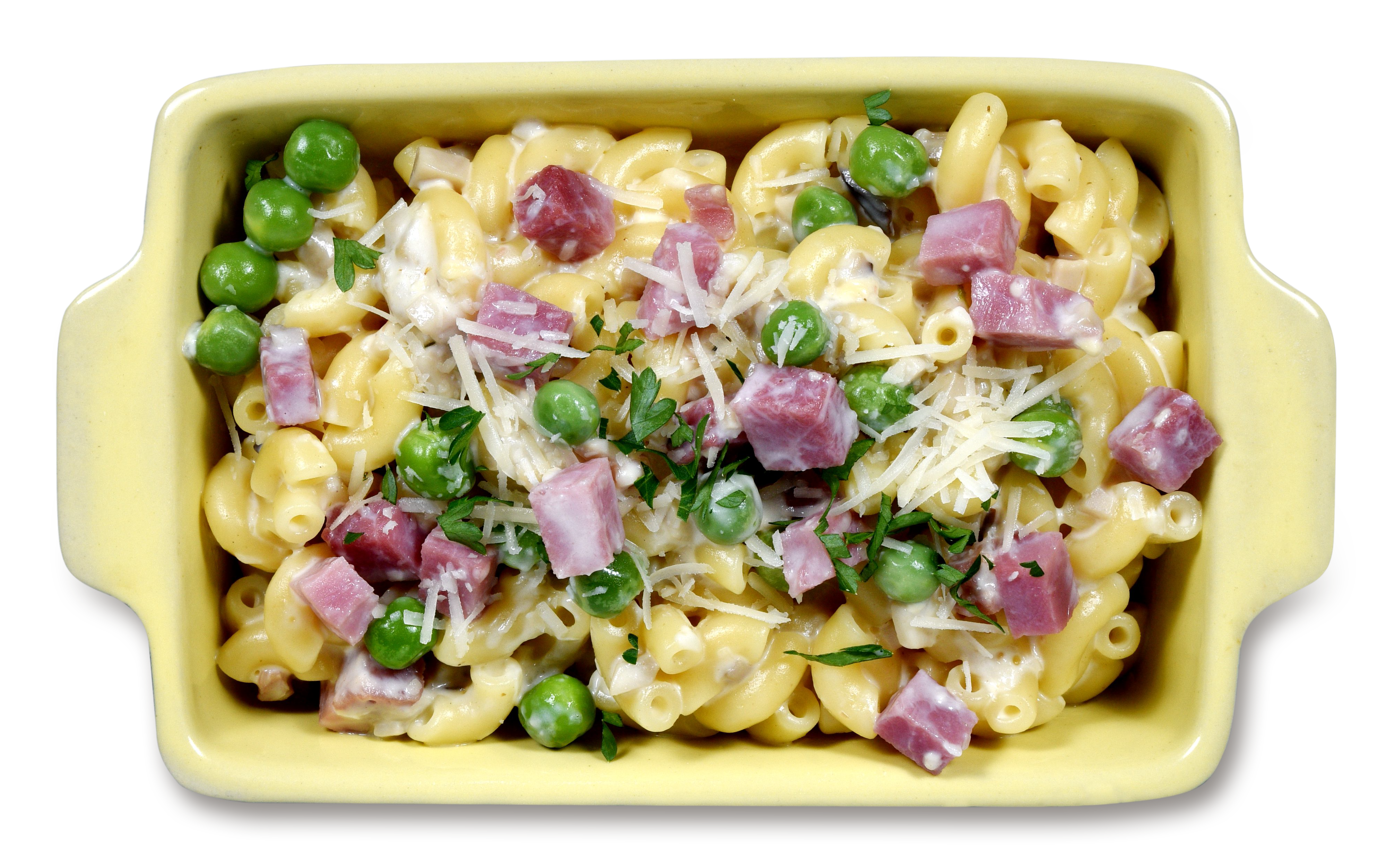 Nui macaroni với dăm bông, phô mai và đậu Hà Lan